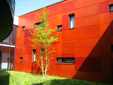 Fassade aus Holzplatten der Volksbank in Sulingen
